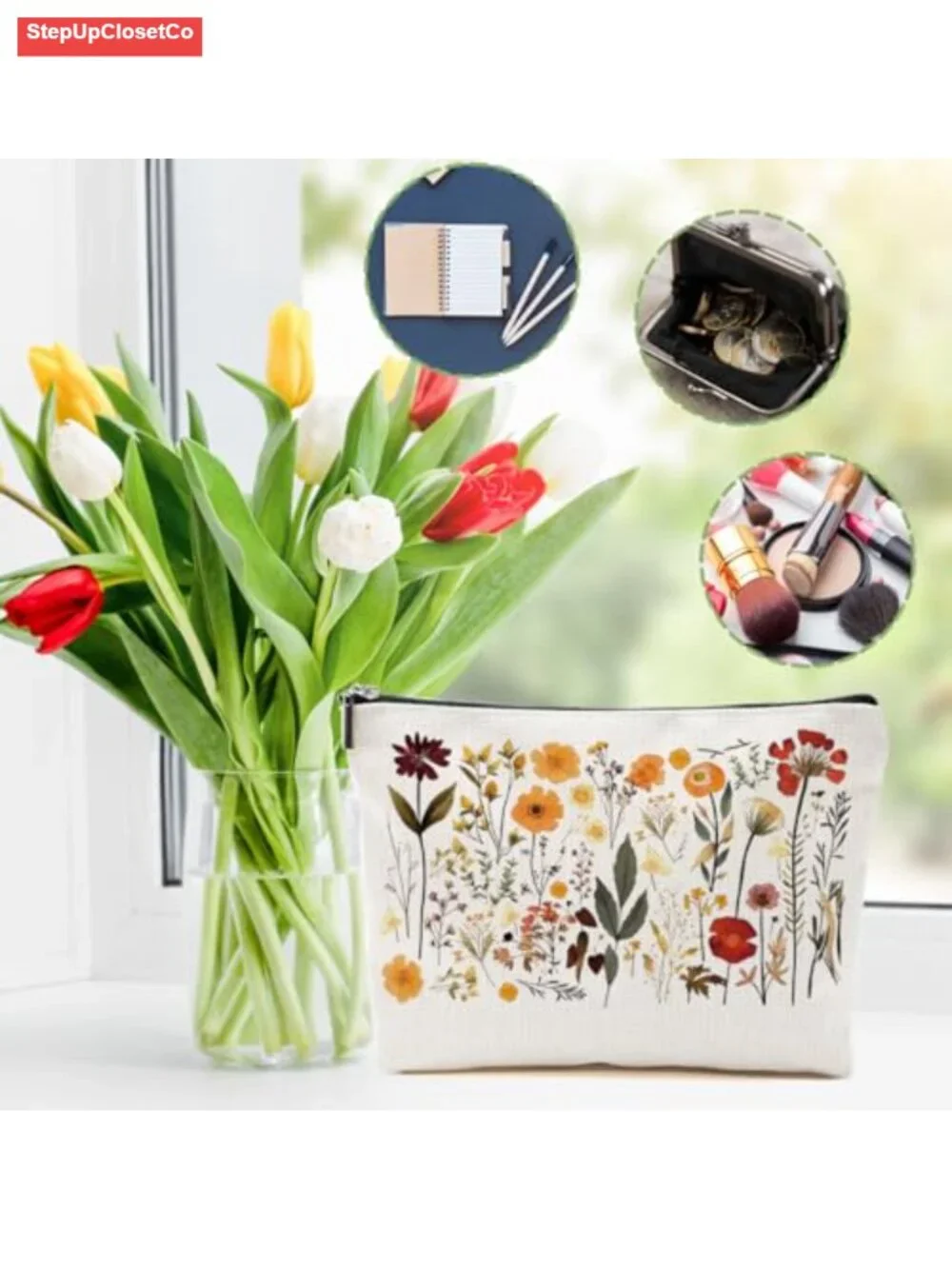 Vintage Wildflower Linen Makeup Bag, Floral Cosmetic Pouch, Travel Toiletry